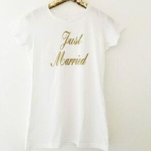 Just Married T Shirt White With Gold Letters NEW